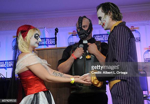 Cosplayers Zoe Oliva dressed as Harley Quinn marries Jesse Oliva dressed as The Joker at the Long Beach Comic Con held at Long Beach Convention...