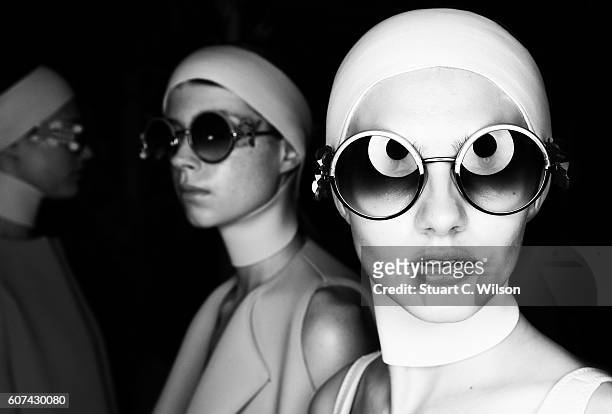 An alternative view of models backstage at the Anya Hindmarch show during London Fashion Week Spring/Summer collections 2017 on September 18, 2016 in...