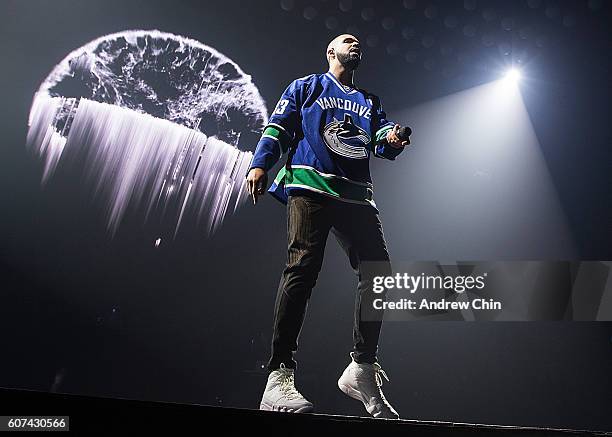 Canadian rapper Drake performs onstage during his 'Summer Sixteen Tour' at Pepsi Live at Rogers Arena on September 17, 2016 in Vancouver, Canada.