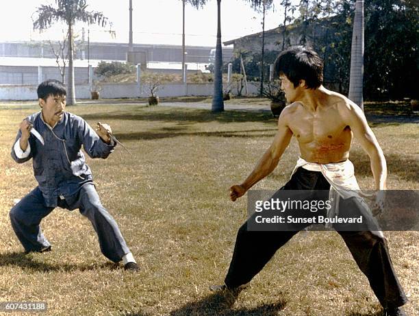Hong-Kong actor Ying-Chieh Han and Chinese American martial artist and actor Bruce Lee on the set of Big Boss, written and directed by Wei Lo,1971.
