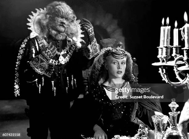 French actors Jean Marais and Josette Day on the set of La Belle et la Bête, written and directed by Jean Cocteau.