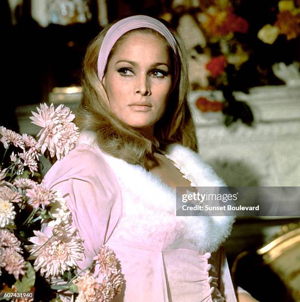 Swiss-American actress Ursula Andress on the set of The Blue Max, based on the novel by Jack Hunter and directed by John Guillermin.