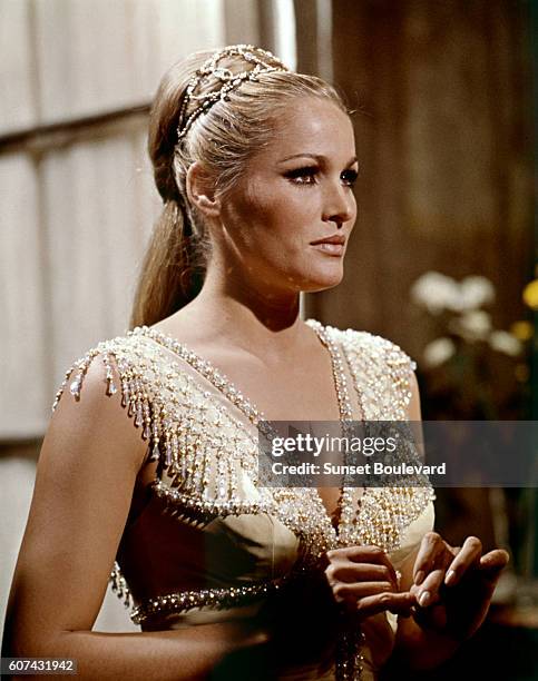 Swiss-American actress Ursula Andress on the set of The Blue Max, based on the novel by Jack Hunter and directed by John Guillermin.