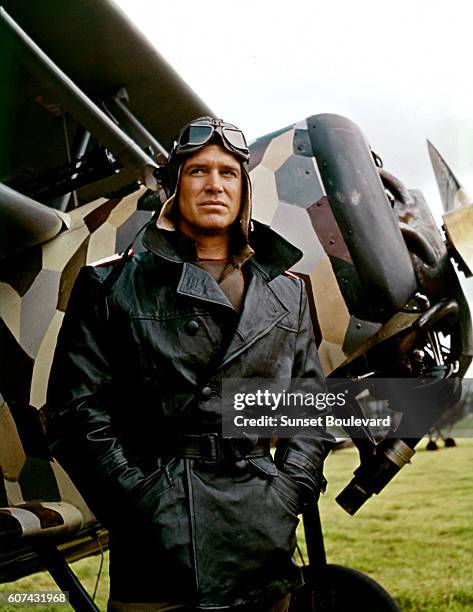 American actor George Peppard on the set of The Blue Max, based on the novel by Jack Hunter and directed by John Guillermin.