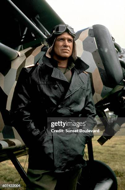 American actor George Peppard on the set of The Blue Max, based on the novel by Jack Hunter and directed by John Guillermin.