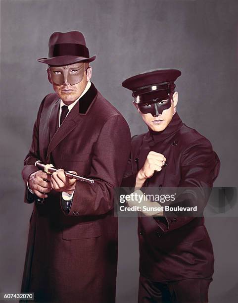 American actor Van Williams and Chinese American martial artist and actor Bruce Lee on the set of TV series The Green Hornet, created by George W....