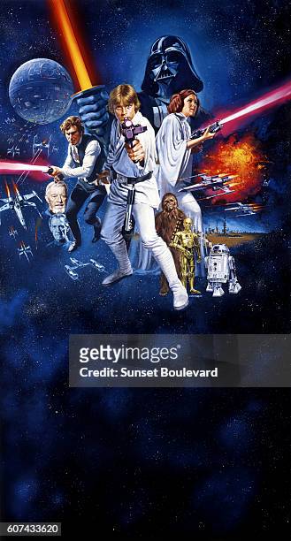 Actors Alec Guinness, Harrison Ford, Mark Hamill, Carrie Fisher, Peter Mayhew, Anthony Daniels and Kenny Baker on the movie poster of Star Wars,...