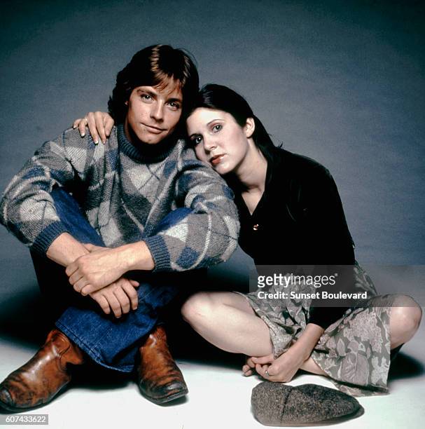 American actors Mark Hamill and Carrie Fisher on the set of Star Wars, written, directed and produced by George Lucas.