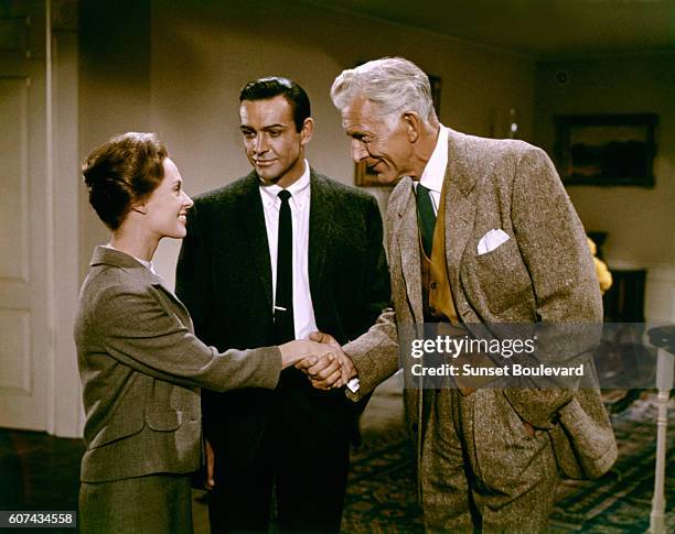 American actress Tippi Hedren, Scottish actor Sean Connery and British Alan Napier on the set of Marnie, based on the novel by Winston Graham and...