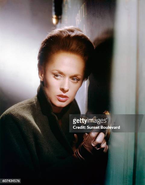 American actress Tippi Hedren on the set of Marnie, based on the novel by Winston Graham and directed and produced by British Alfred Hitchcock.