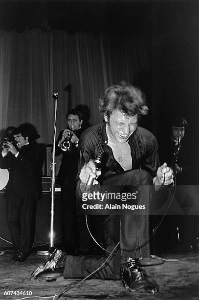 French singer Johnny Hallyday performs during Musicorama at the Olympia concert hall.