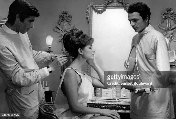 Italian actress Claudia Cardinale on the set of Il magnifico cornuto , based on the play by Fernand Crommelynck and directed by Antonio Pietrangeli.