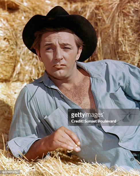 American actor Robert Mitchum on the set of The Red Pony, based on the book by John Steinbeck and directed by Lewis Milestone.