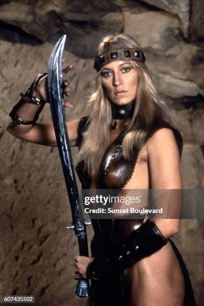 American actress Sandahl Bergman on the set of Conan the Barbarian, directed by John Milius.