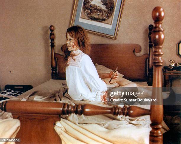 American actress Linda Blair on the set of The Exorcist, based on the novel by William Peter Blatty and directed by William Friedkin.