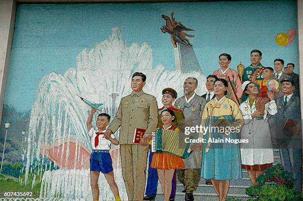 Fresco showing President Kim Il Sung leading the workers people.