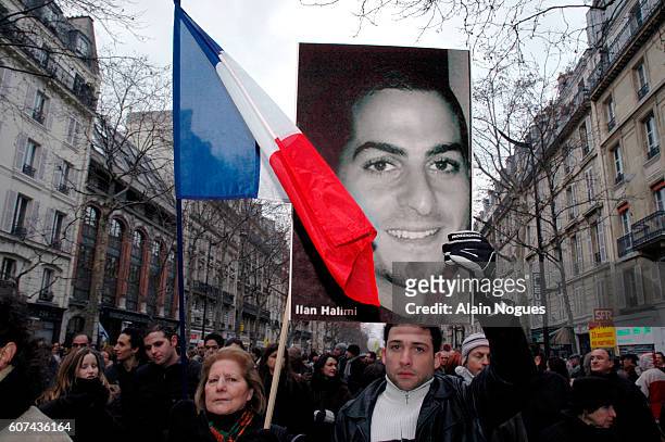 Demonstrators take to the streets of Paris during a march in memory of a young Jewish man, Ilan Halimi, aged 23, who was brutally killed by a gang...
