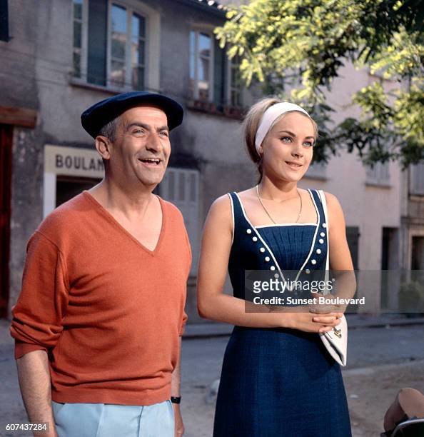 French actors Geneviève Grad and Louis de Funès on the set of Le Gendarme de Saint-Tropez, written and directed by Jean Girault.