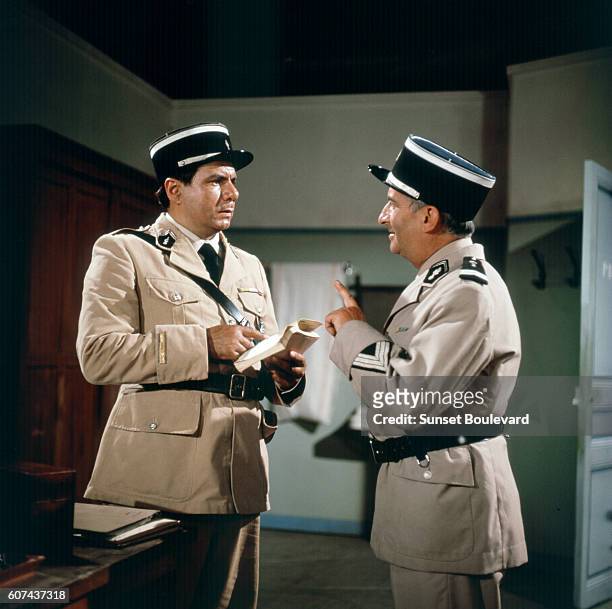 French actors Michel Galabru and Louis de Funès on the set of Le Gendarme de Saint-Tropez, written and directed by Jean Girault.