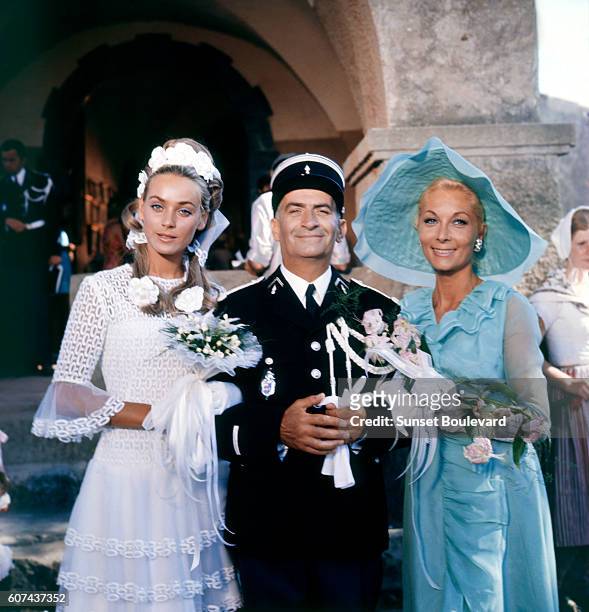 French actors Geneviève Grad, Louis de Funès and Claude Gensac on the set of Le Gendarme se Marie, written and directed by Jean Girault.