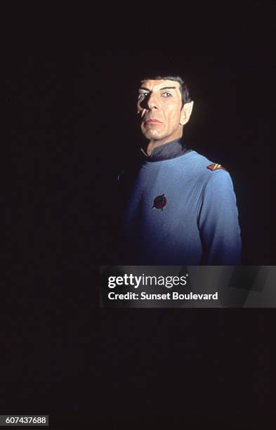 American actor Leonard Nimoy on the set of Star Trek: The Motion Picture, directed by Robert Wise.