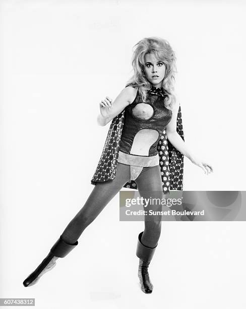 American actress Jane Fonda on the set of Barbarella, based on the comic by Jean-Claude Forest and directed by Roger Vadim.