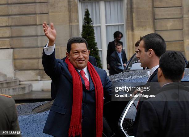 Venezuelan President Hugo Chavez leaves the Elysee Palace after a meeting with French President Nicolas Sarkozy.