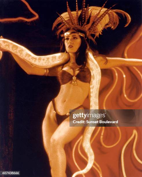 Lebanese Mexican actress Salma Hayek on the set of From Dusk Till Dawn, directed and produced by Robert Rodriguez.