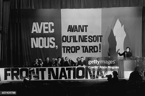 French far right-wing and nationalist politician, founder and President of the National Front Jean-Marie Le Pen, attends a meeting at the Maison de...