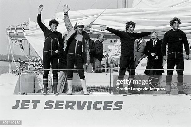 Sailors Jean le Cam, Patrick Morvan, Serge Madec, and Marc Guillemot, winners of the Atlantic Record.