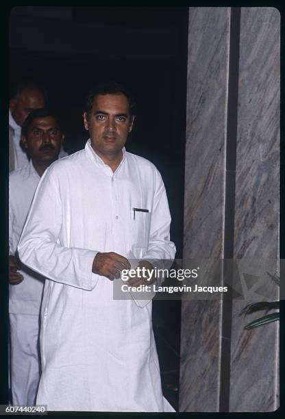 Rajiv Gandhi, Indira Gandhi's son, wearing a traditional Kurta during the mourning for his mother. Indira Gandhi was the Prime Minister of India who...