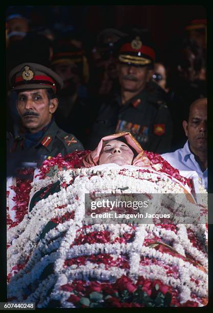 The body of Indira Gandhi lies in state following her assassination on October 31, 1984. Gandhi was the Prime Minister of India who was assassinated...