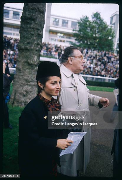 French journalists and presenters Darie Boutboul and Leon Zitrone at Longchamp horse-racing Arc de Triomphe Grand Prix won by french jockey Yves...