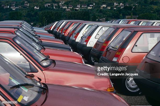 Lined-up Renault 5 cars in the car park of Flins car factory.