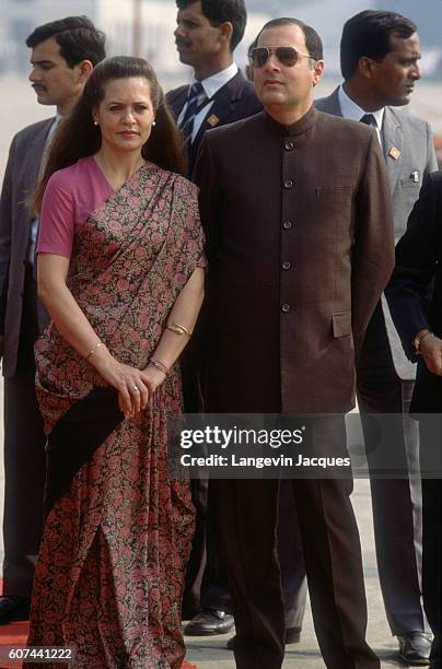 Sonia Gandhi stands with her husband Prime Minister Rajiv Gandhi during a departure ceremony for Mikhail Gorbachev. The Soviet President and his wife...