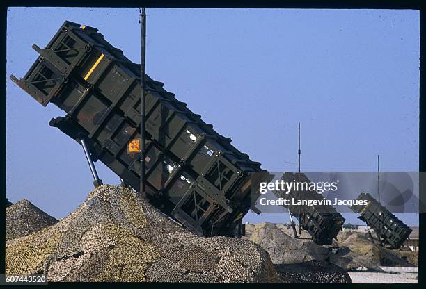 Patriot missile launchers are ready for use at the airbase in Dhahran, Saudi Arabia. The American Patriot missiles were used throughout the Persian...
