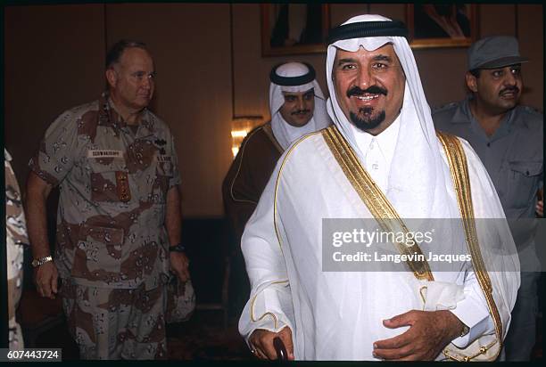 Saudi Arabia's minister of defense Prince Sultan bin Abdul Aziz meets with General Norman Schwarzkopf, the commander in chief of U.S. Central Command...