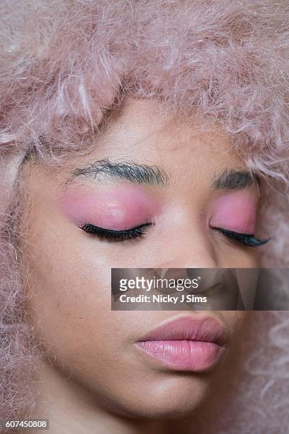 Model is seen backstage ahead of the Pam Hogg show at Fashion Scout during London Fashion Week Spring/Summer collections 2017 on September 16, 2016...