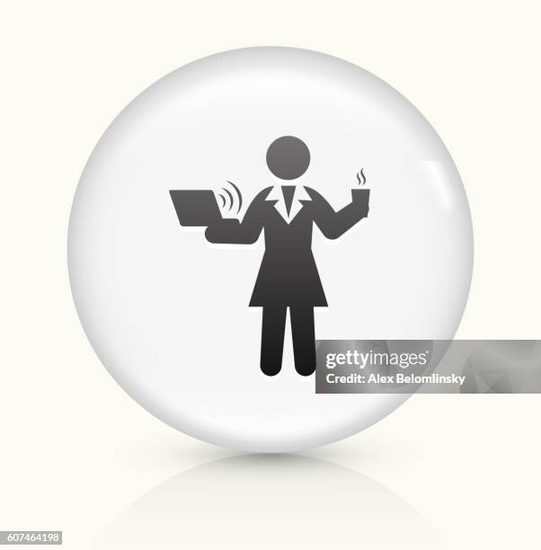 businesswoman working icon on white round vector button - drinking coffee at work stock illustrations