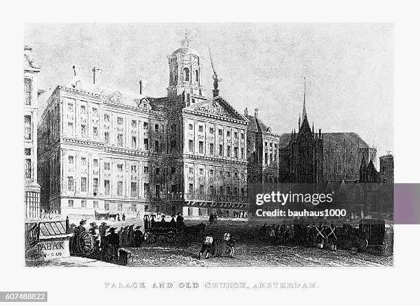 palace and old church in, amsterdam, holland circa 1887 - amsterdam royal palace stock illustrations