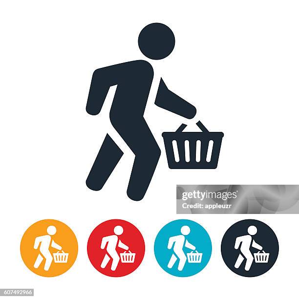shopper carrying shopping basket icon - shopping basket icon stock illustrations