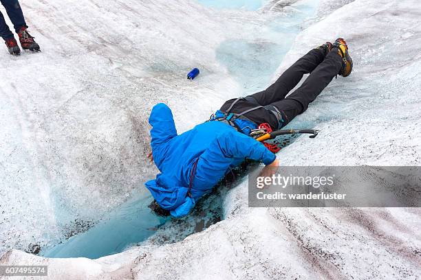 guide dunks head into freezing glacier pool - nieuwjaarsduik stockfoto's en -beelden