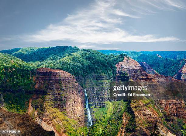 waterfall n waimea canyon, hawaii - waimea canyon state park stock pictures, royalty-free photos & images