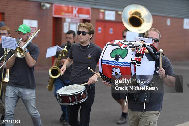 Marching band creates pre match entertainemnt outside the stadium during the Premier League match between Southampton and Swansea City at St Mary's...