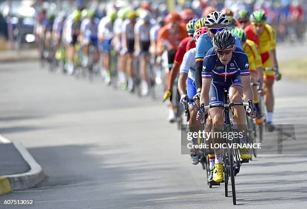 Cyclists compete during the Men's Elite Race of the 2016 UEC Road European Championship on September 18, 2016 in Plumelec, western France. AFP PHOTO...