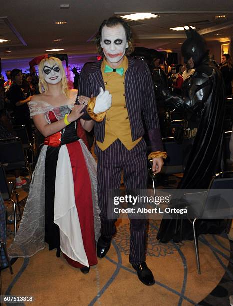 Cosplayers Zoe Oliva dressed as Harley Quinn marries Jesse Oliva dressed as The Joker at the Long Beach Comic Con held at Long Beach Convention...