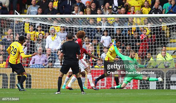 Etienne Capoue of Watford scores his sides first goal during the Premier League match between Watford and Manchester United at Vicarage Road on...