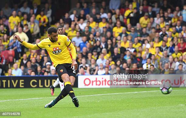 Etienne Capoue of Watford scores his sides first goal during the Premier League match between Watford and Manchester United at Vicarage Road on...