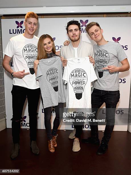 Josh Pieters, Niomi Smart, Alfie Deyes and Caspar Lee supporting the Lumos launch of its 'Be the Light' T-shirt to raise funds for its work to help...