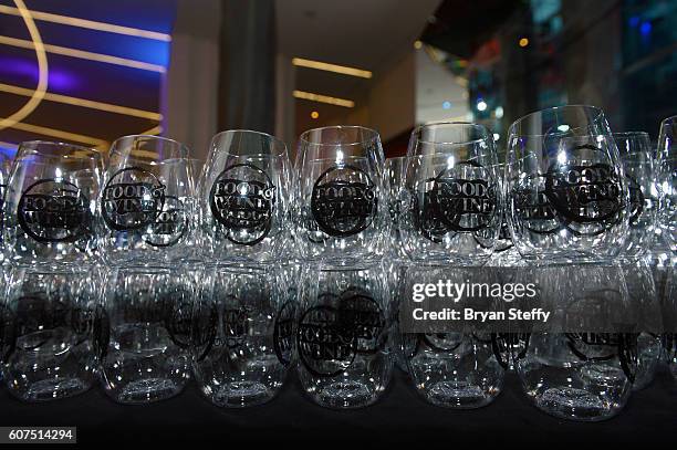 Las Vegas Food & Wine Festival glasses are displayed during the Las Vegas Food & Wine Festival at the SLS Las Vegas Hotel on September 17, 2016 in...